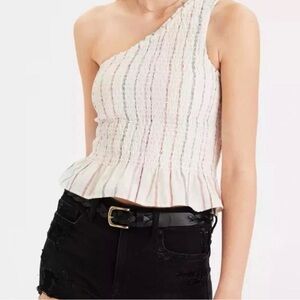 American Eagle One-Shoulder Smocked Ruffle Top Cream Pink Stripe Pattern, Small